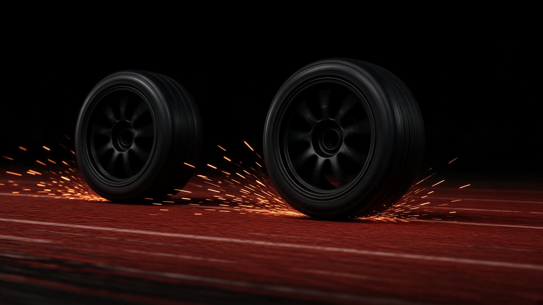 Two tires burning down a red track
